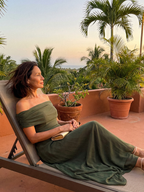 Women off shoulder draped midi dress with sheer overlay and flowing skirt