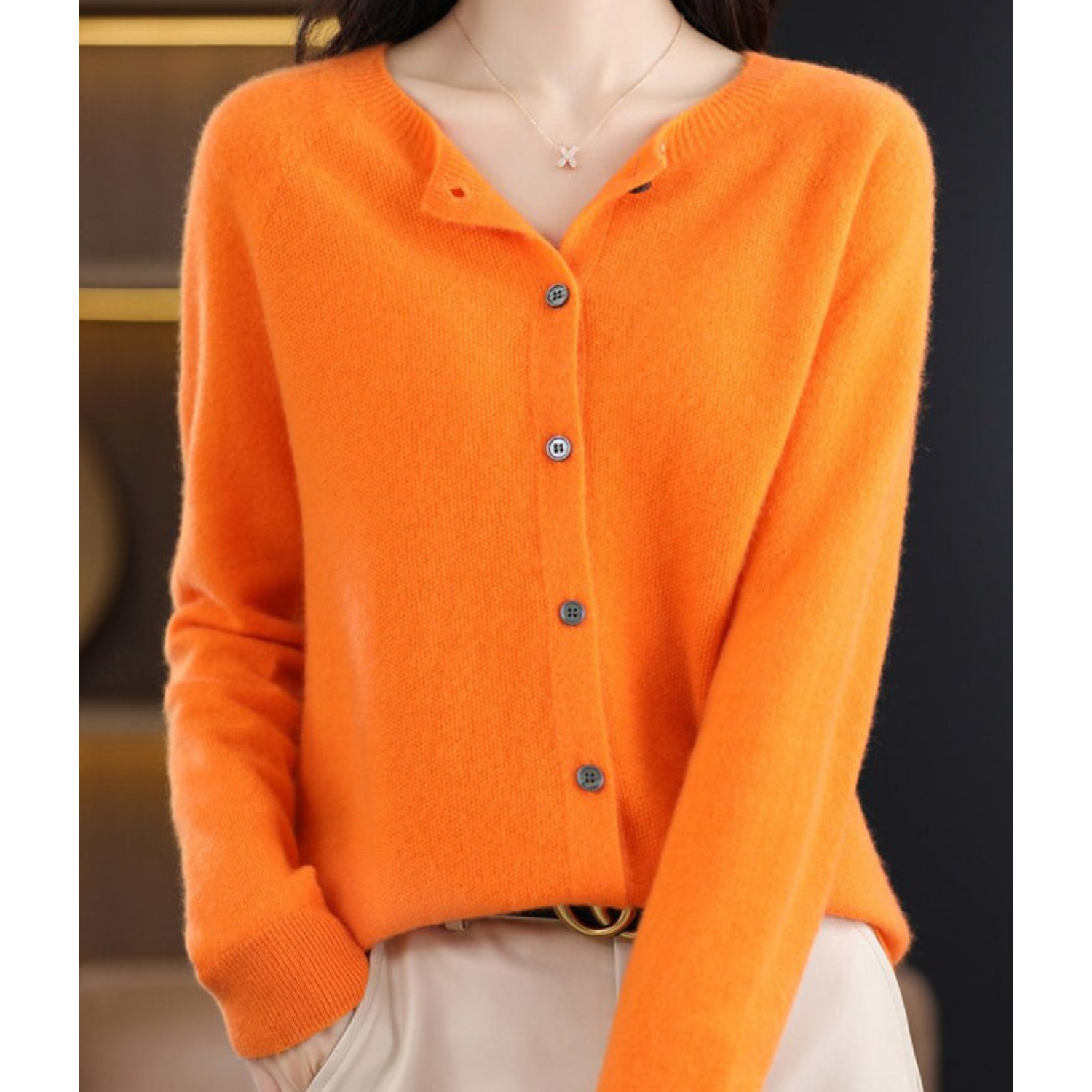 Women's merino wool sweater round neck with button placket slim fit