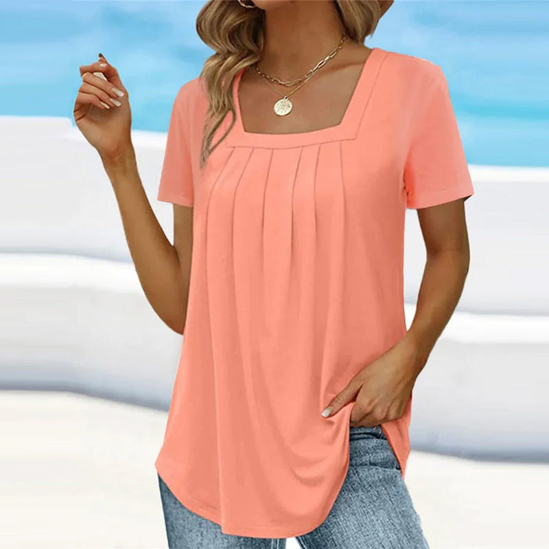 Women's blouse square neck short sleeve with pleated detail, lightweight summer top