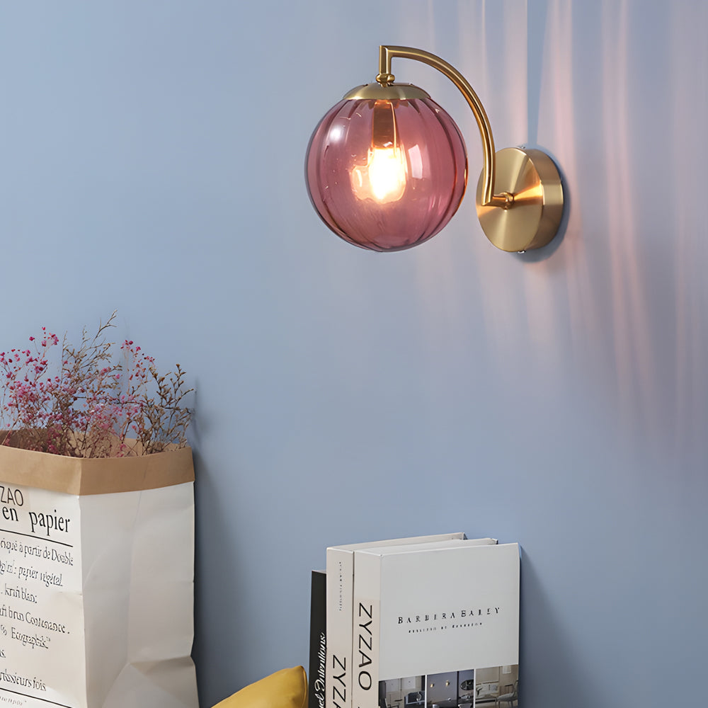 Wall lamp curved arm spherical ribbed glass shade gold finish modern indoor