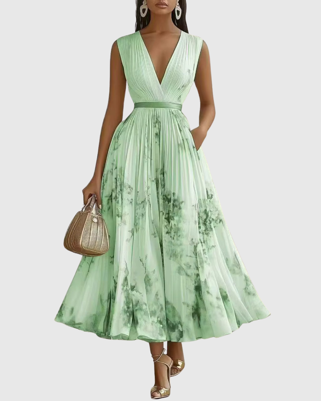 Pleated maxi dress V-neck long sleeve with ribbon-tie waist and floral pattern