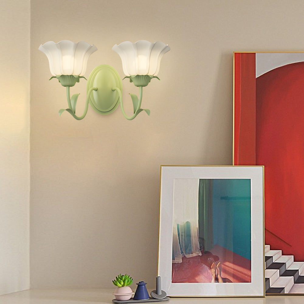 Green floral glass wall lamp, 3-step dimmable, 1 or 2-light indoor fixture