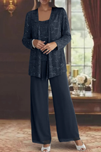 Women's evening three-piece set with wide-leg trousers and open-front jacket, XS–2XL