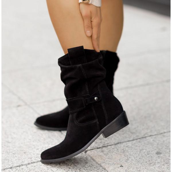 Women suede ankle boots low block heel slouch cuff side zip