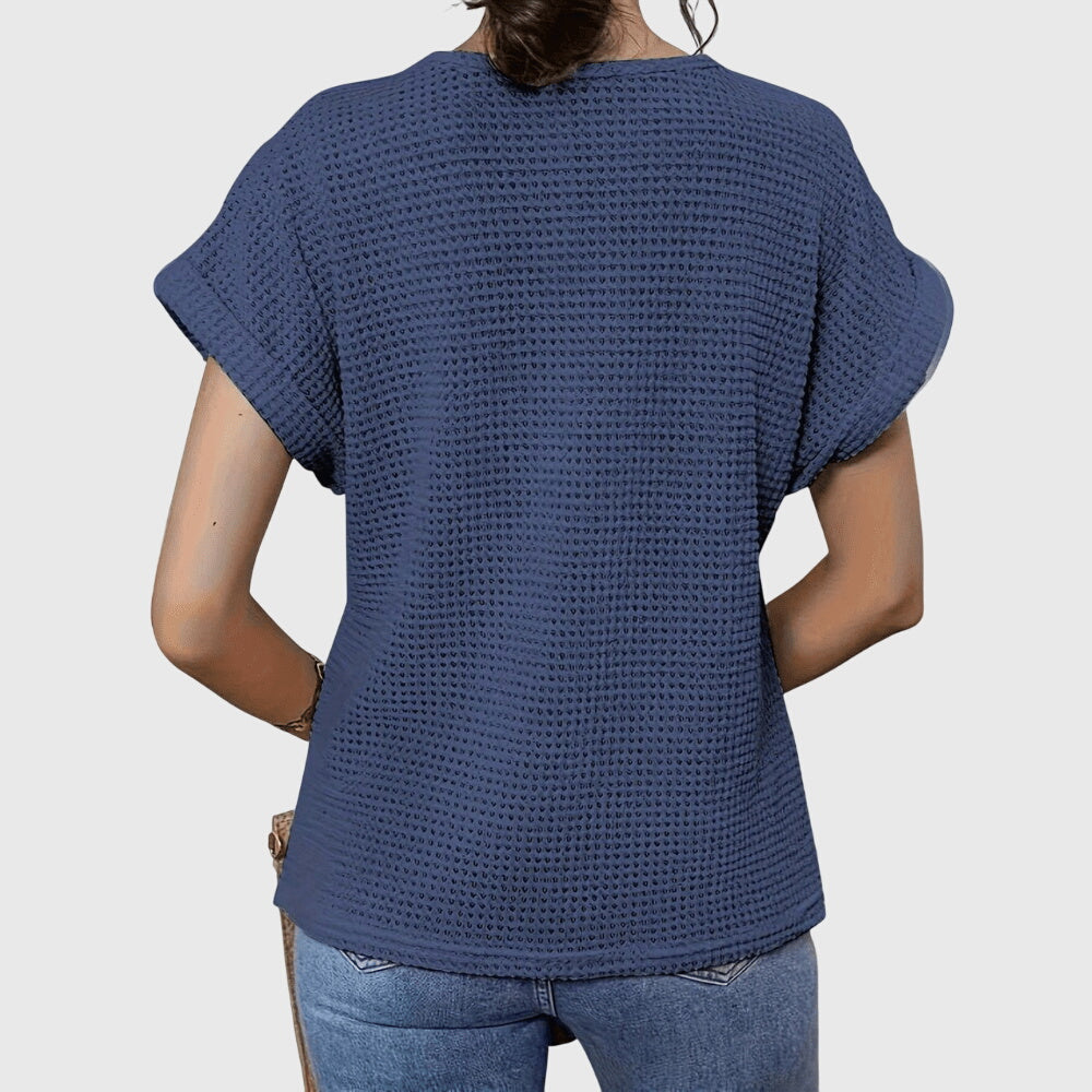 Women's openwork blouse short sleeve round neck loose fit, decorative perforated knit