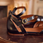 Women strappy flat sandals with adjustable ankle strap in red black and brown