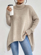 Women asymmetric hem turtleneck sweater in light khaki and dark blue