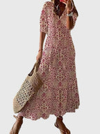 Boho summer dress with V-neckline, vintage bohemian style, lightweight and breezy
