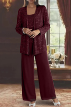 Women's evening three-piece set with wide-leg trousers and open-front jacket, XS–2XL