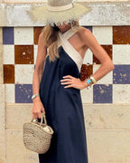 Women's maxi cross neck dress with open back, available in Black, White, Navy Blue and Gray