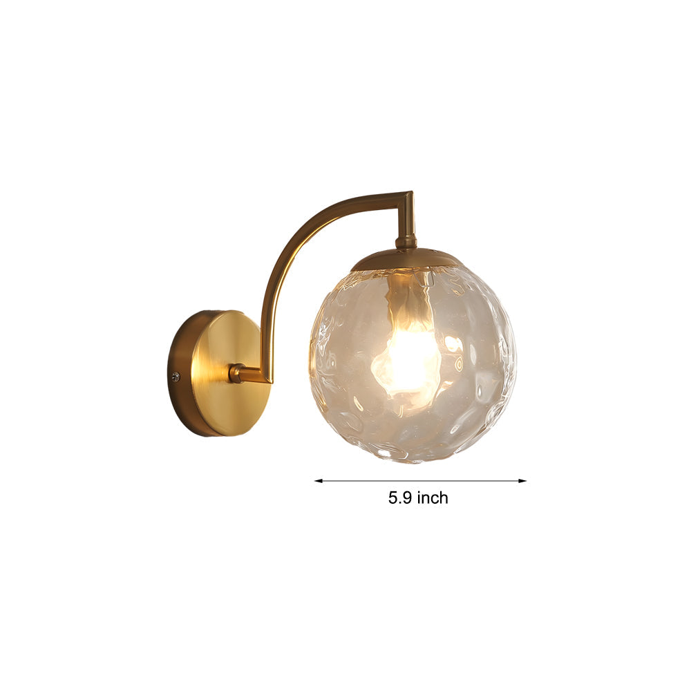 Wall lamp curved arm spherical ribbed glass shade gold finish modern indoor