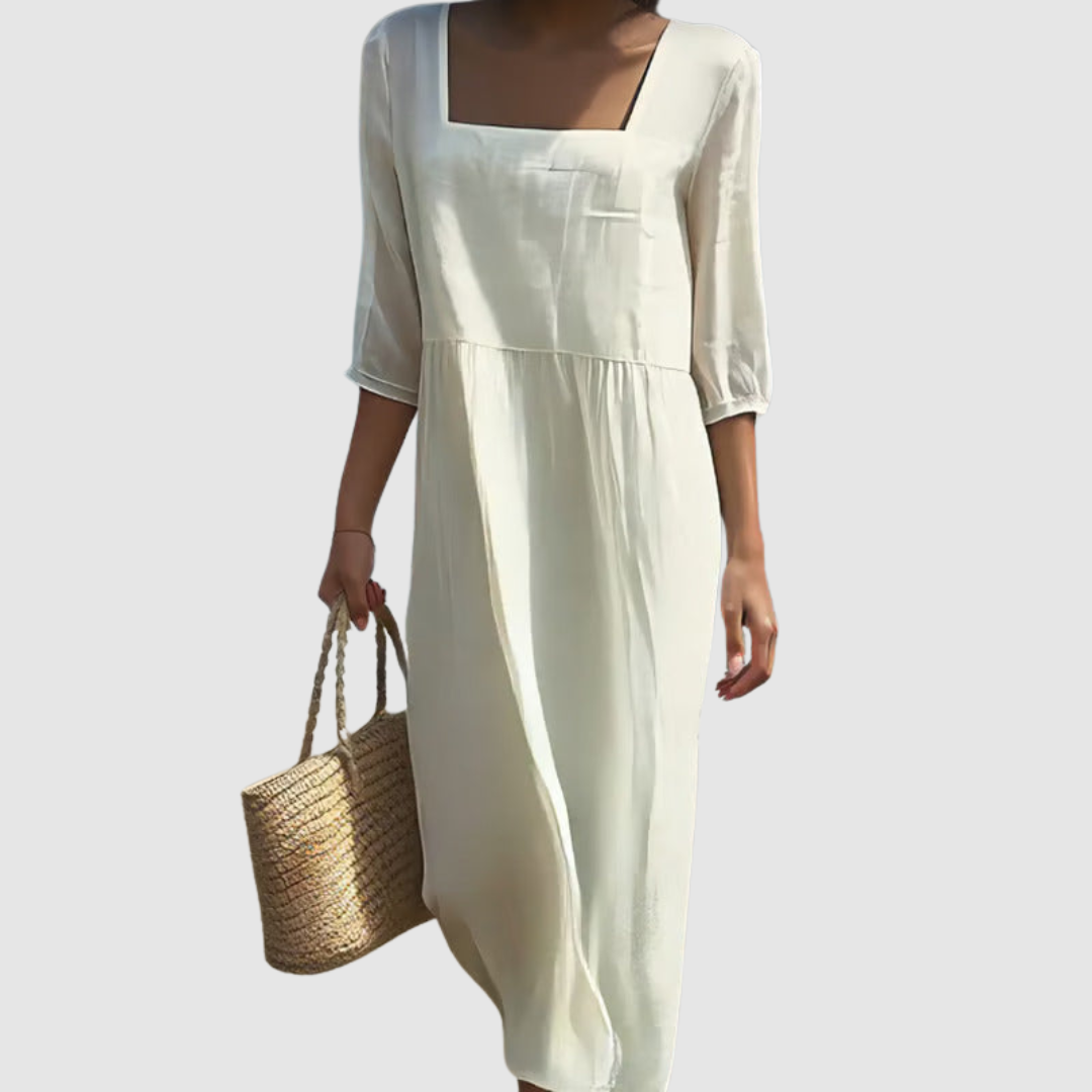 Women's casual linen dress with square neckline and mid-length sleeves, breathable summer style