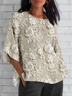 Women's vintage floral embroidery blouse loose relaxed fit in khaki and blue
