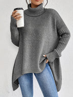 Women knit sweater high neck asymmetric hem relaxed fit