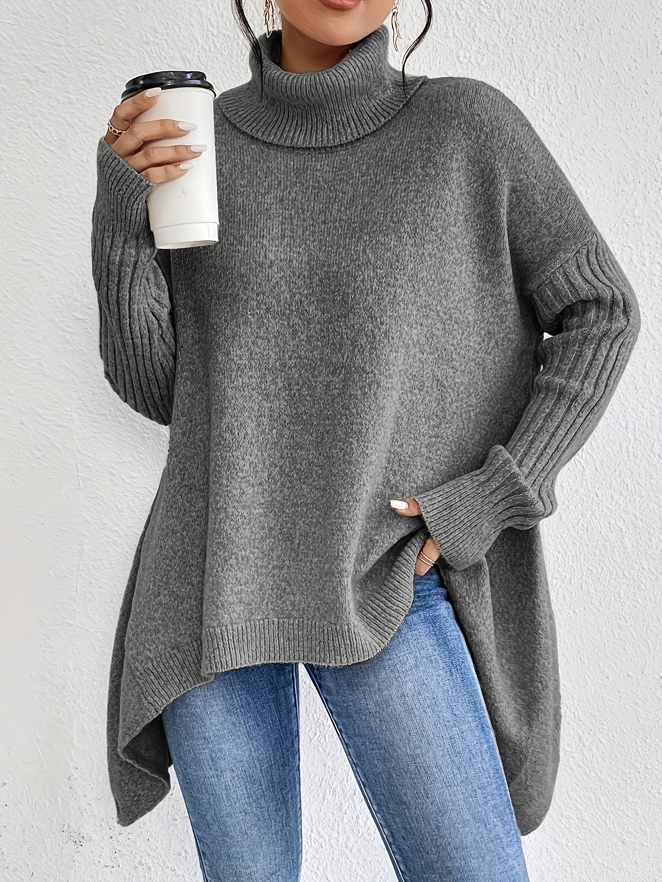 Women knit sweater high neck asymmetric hem relaxed fit