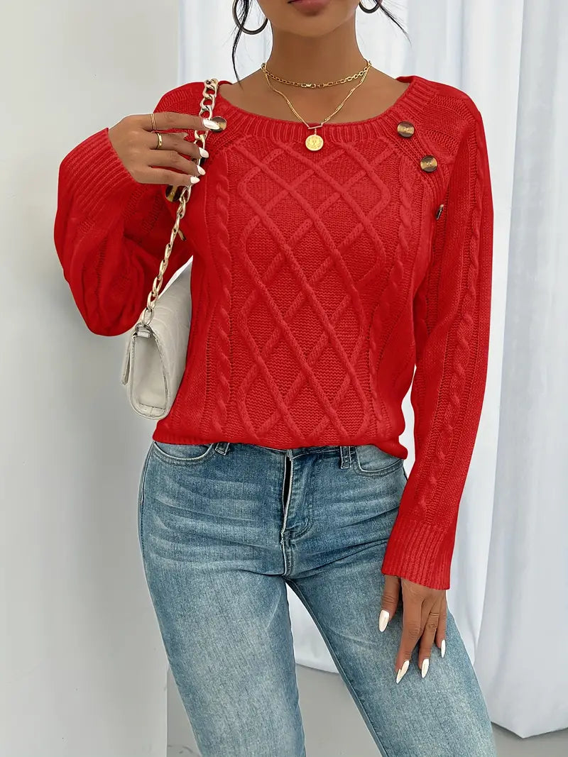 Women's winter cable knit pullover sweater with decorative button detail