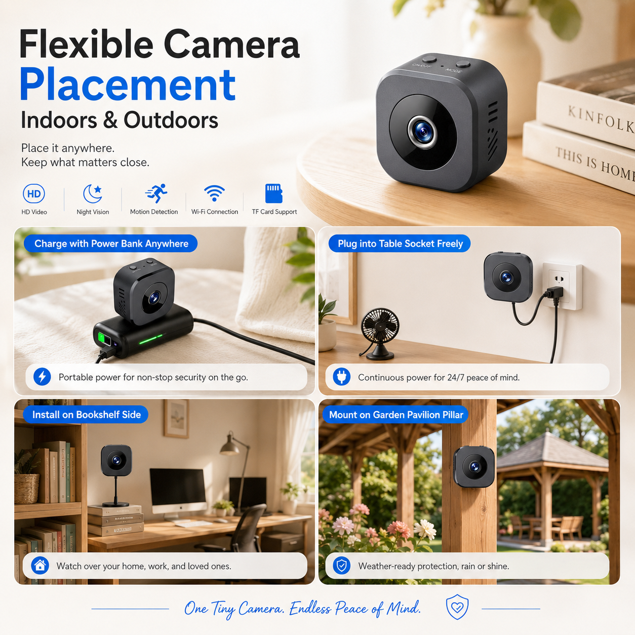 1080P wireless security camera with night vision and magnetic mount, compact indoor design