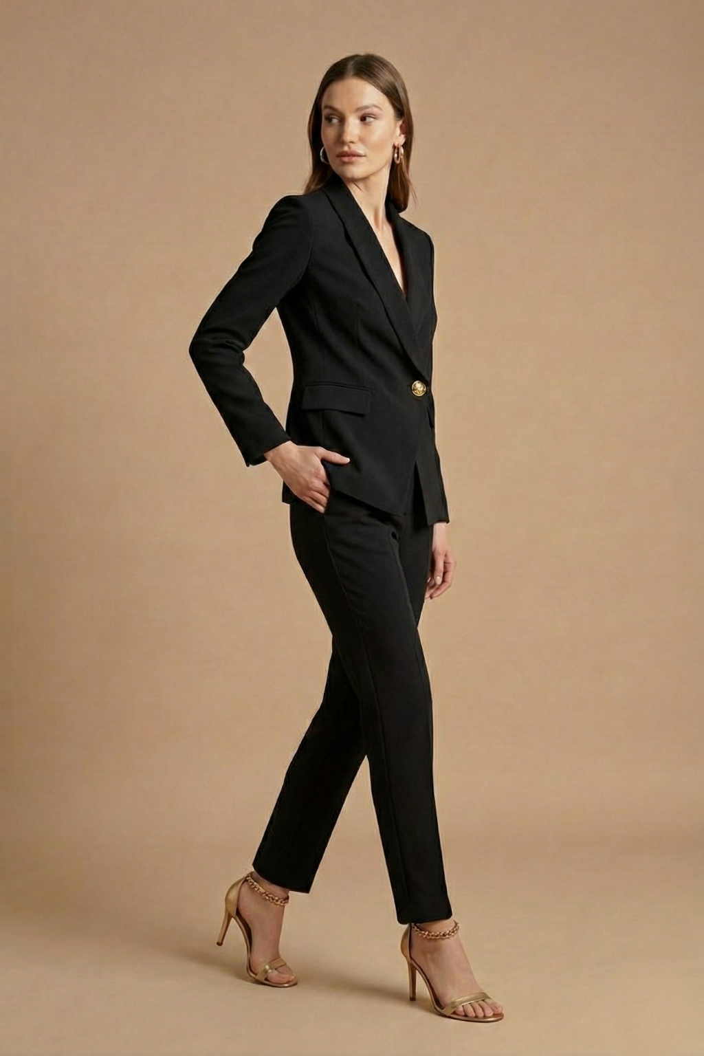 Women 2 piece blazer set shawl collar with straight leg trousers