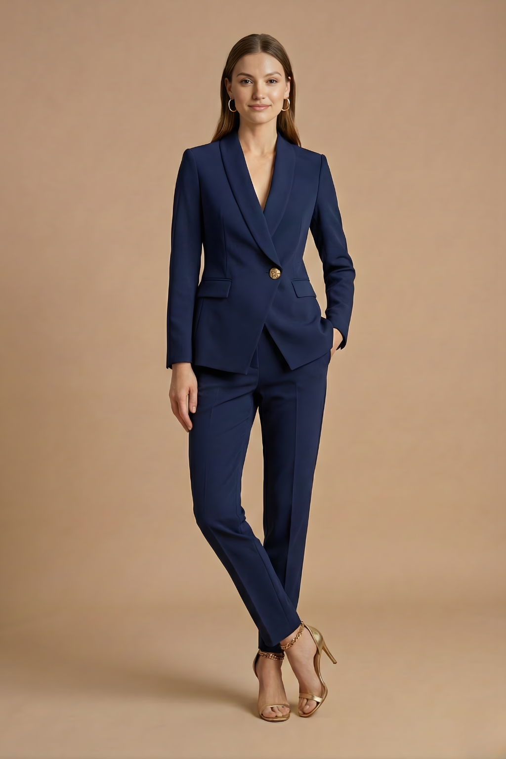 Women 2 piece blazer set shawl collar with straight leg trousers