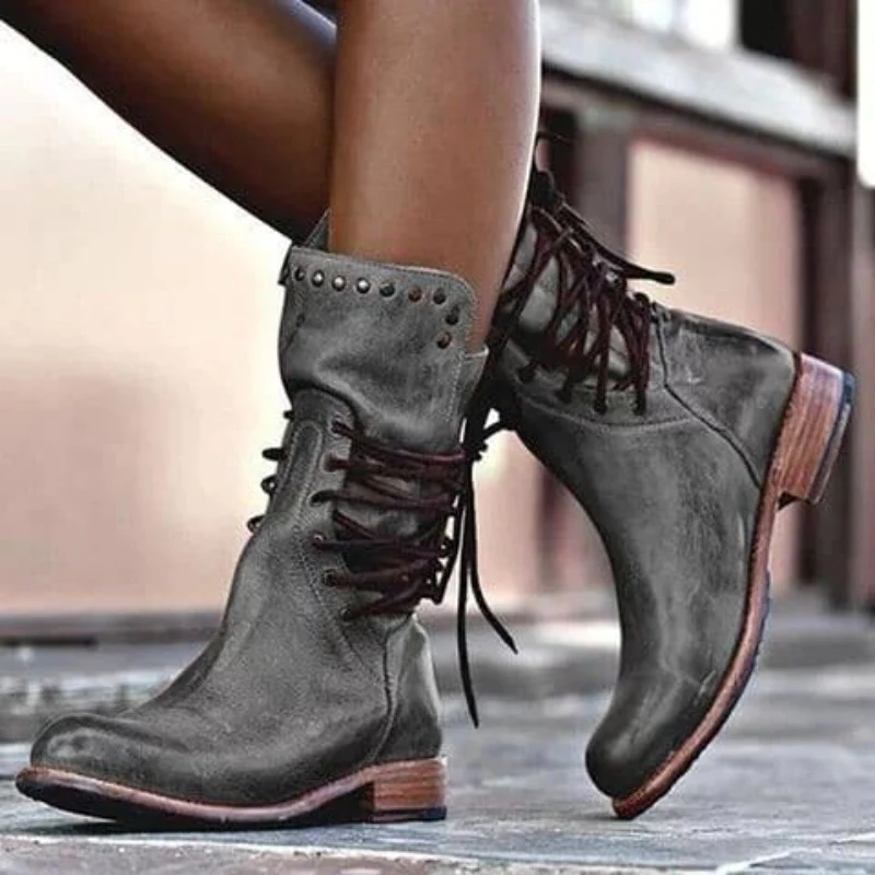 Women heeled calf boots with stability block heel in brown black and grey