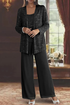 Women's evening three-piece set with wide-leg trousers and open-front jacket, XS–2XL