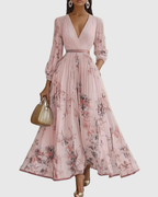 Pleated maxi dress V-neck long sleeve with ribbon-tie waist and floral pattern