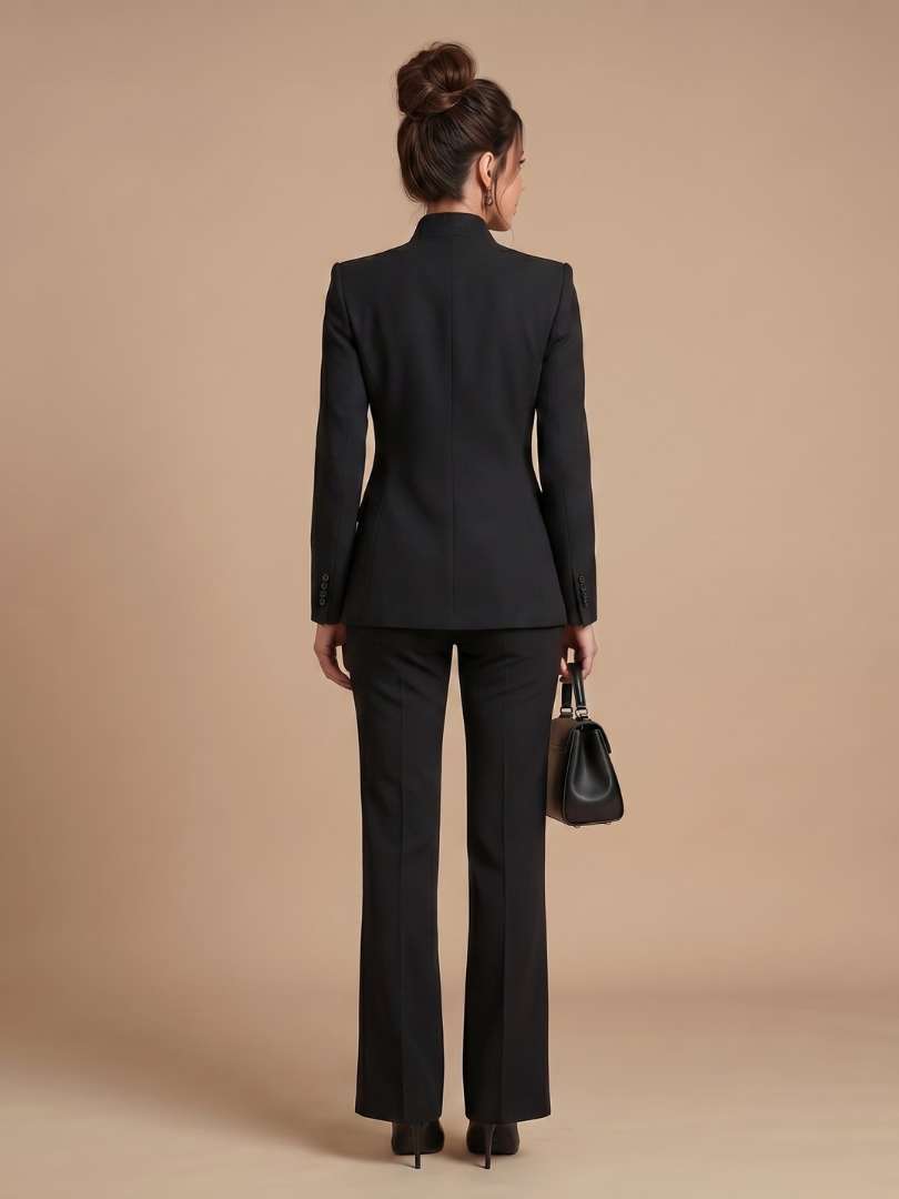 Women 2 Piece Suit stand collar tailored jacket with flared trousers