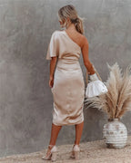 Women's asymmetric one-shoulder draped midi dress for evening occasions