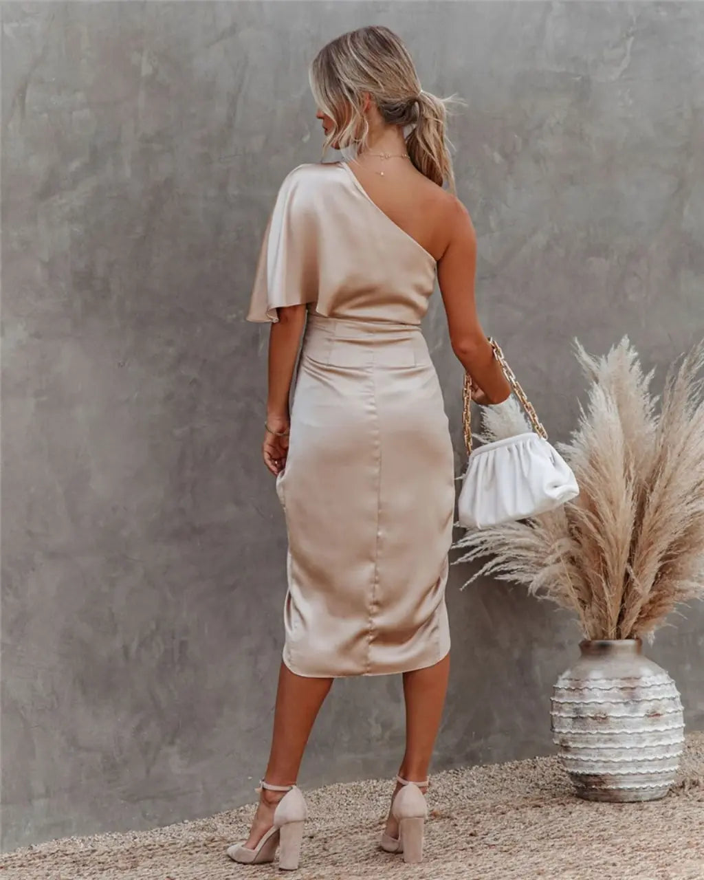 Women's asymmetric one-shoulder draped midi dress for evening occasions