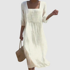 Women's casual linen dress with square neckline and mid-length sleeves, breathable summer style