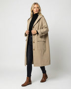 Women hooded water repellent trench coat maxi length in beige