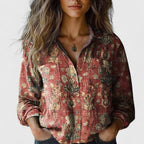 Women boho print long sleeve button-up blouse with lapel collar and paisley floral pattern