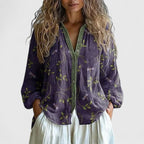 Women blouse retro leaf print in green pink and purple relaxed fit