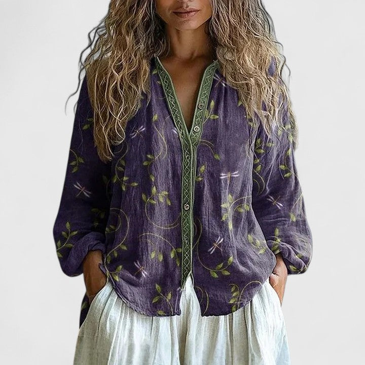 Women blouse retro leaf print in green pink and purple relaxed fit