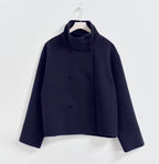 Women's short double-breasted coat in black, navy, beige and dark grey, classic fit