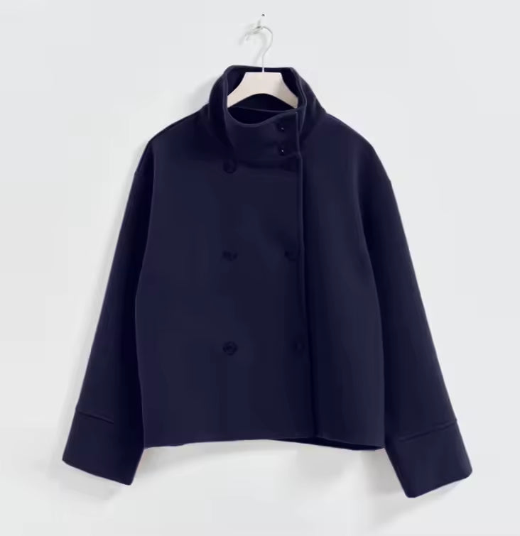 Women's short double-breasted coat in black, navy, beige and dark grey, classic fit