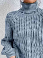 Women ribbed knit turtleneck sweater with side slit hem, autumn winter