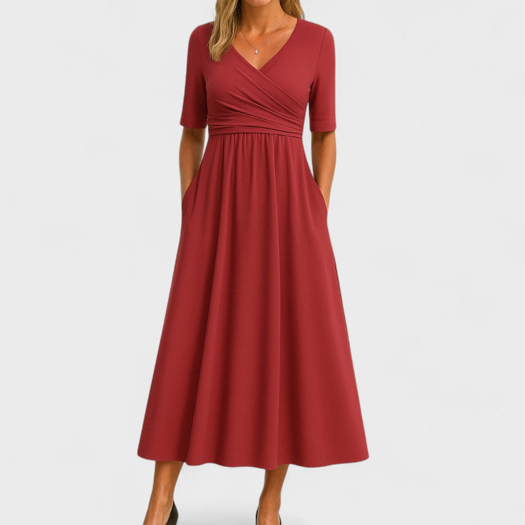 Women's midi dress with surplice V-neckline, elbow sleeves and side pockets