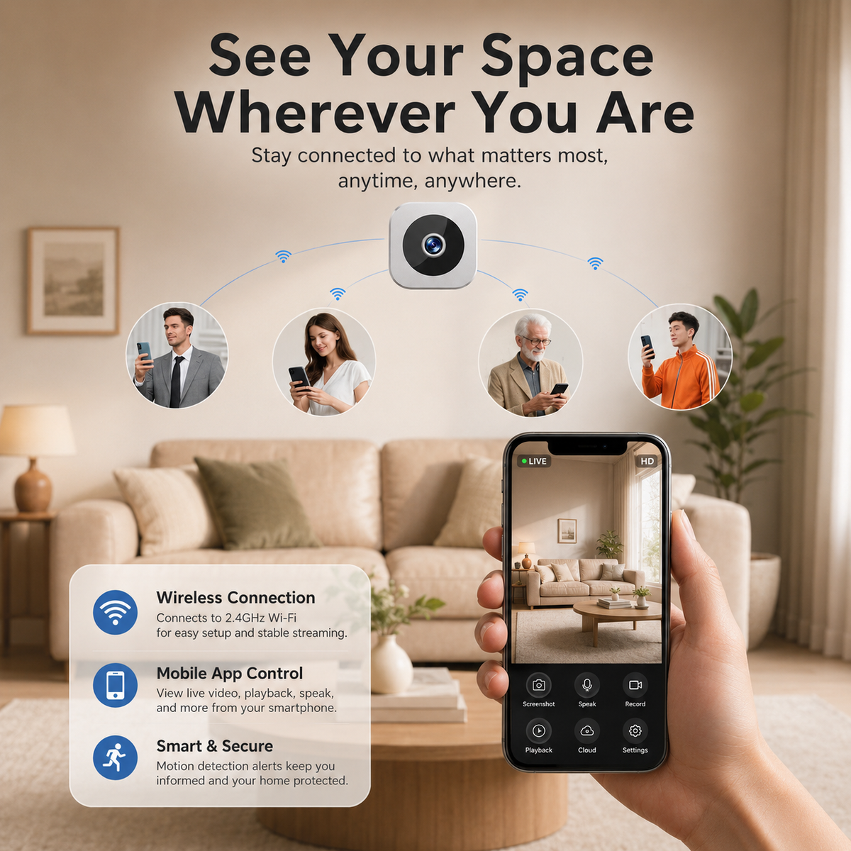 1080P wireless security camera with night vision and magnetic mount, compact indoor design