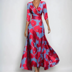 Women's wrap dress midi length with 3/4 sleeves, flattering waist-defining fit