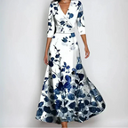 Women's wrap dress midi length with 3/4 sleeves, flattering waist-defining fit