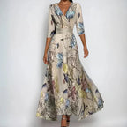 Women's wrap dress midi length with 3/4 sleeves, flattering waist-defining fit