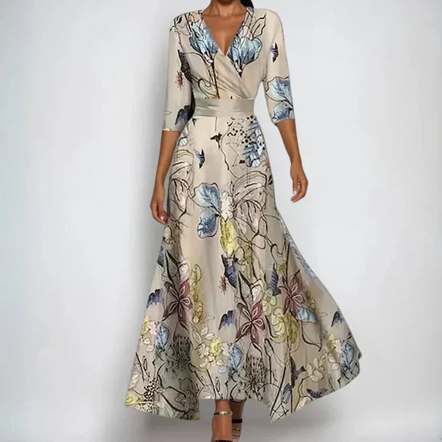 Women's wrap dress midi length with 3/4 sleeves, flattering waist-defining fit