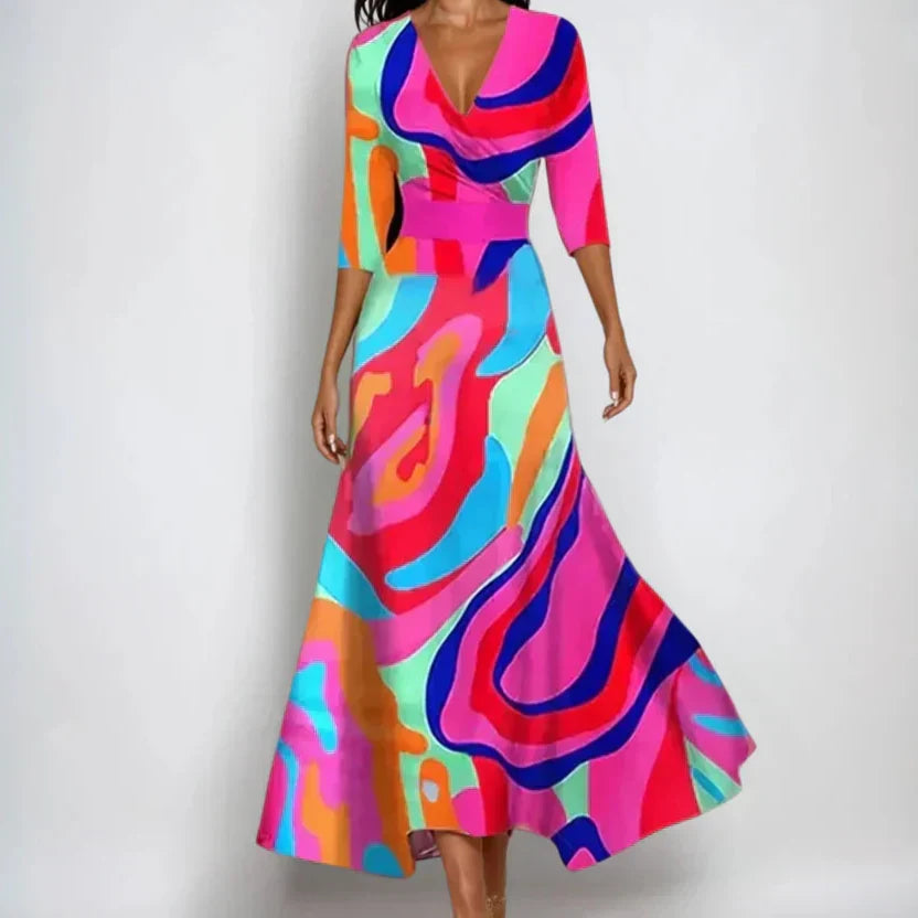 Women's wrap dress midi length with 3/4 sleeves, flattering waist-defining fit