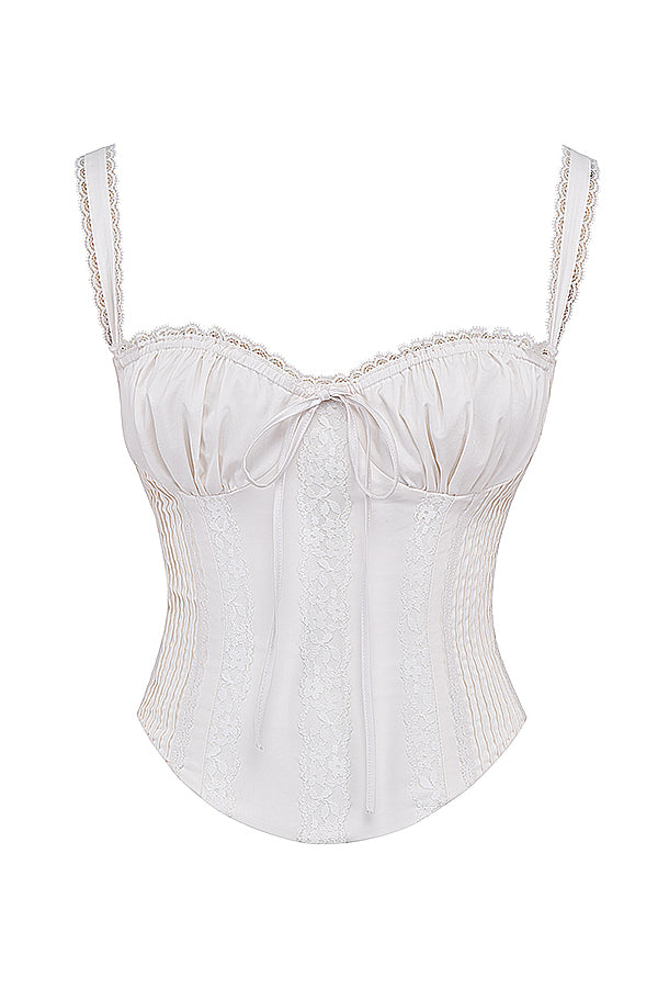 Women white lace-up corset top with delicate lace straps and ruched bust