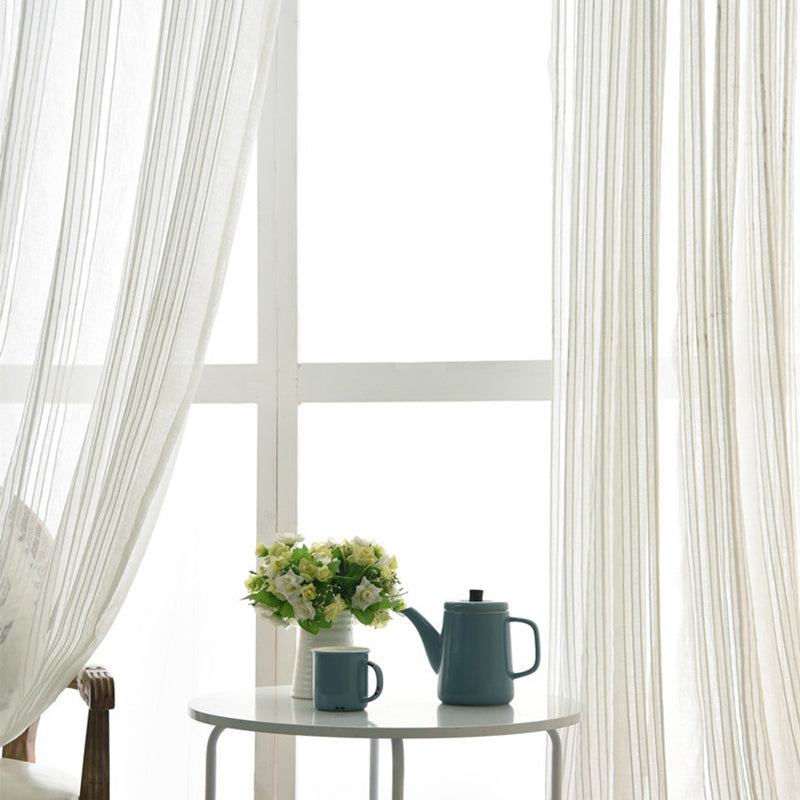 White striped sheer voile curtains with rod pocket for living room, light-filtering