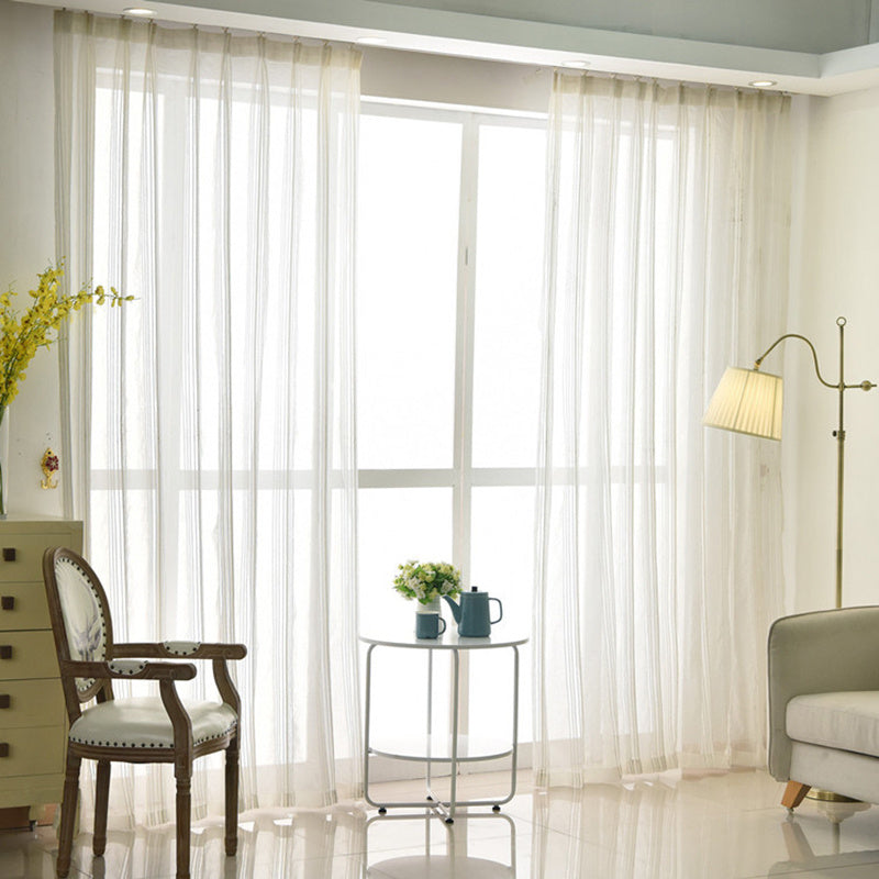 White striped sheer voile curtains with rod pocket for living room, light-filtering