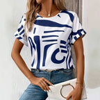 Women's abstract print t-shirt in white, short sleeve round neck summer top