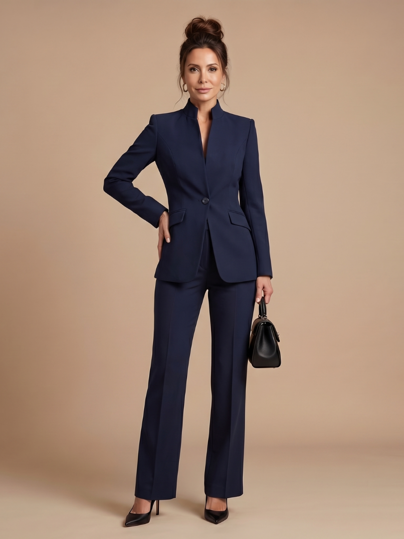 Women 2 Piece Suit stand collar tailored jacket with flared trousers