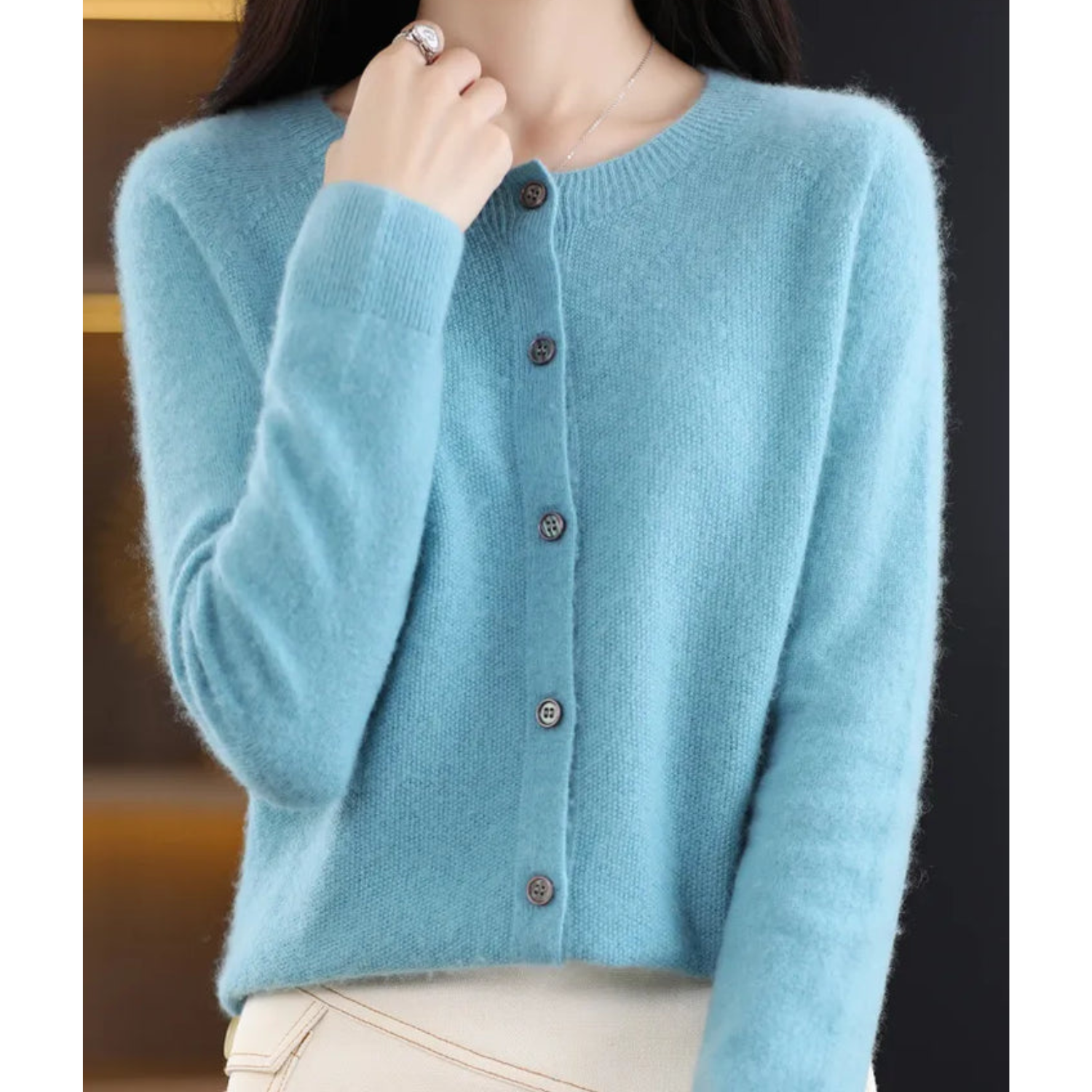 Women's merino wool sweater round neck with button placket slim fit